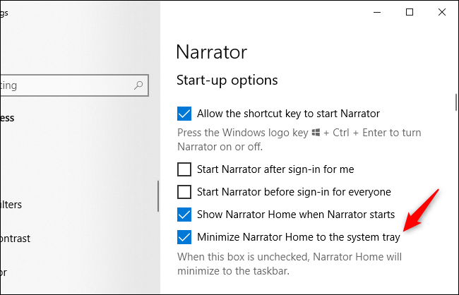 Opciones de Narrador de Windows 10 que se refieren a un "bandeja del sistema."