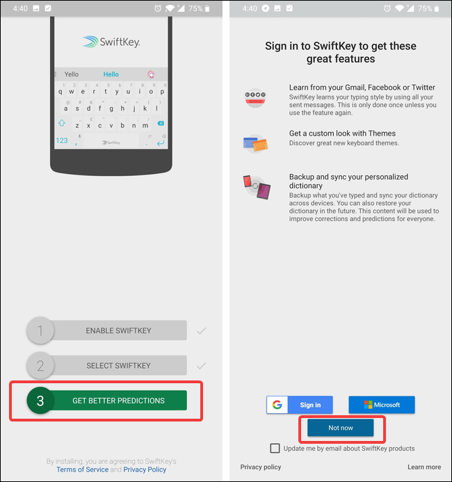 comprobar las opciones de Swiftkey