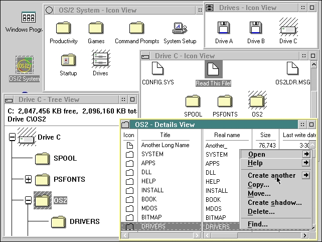 Se abren cinco ventanas en IBM OS / 2 versión 2.