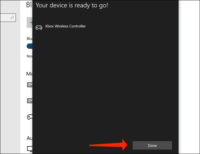 Haga clic en Listo para completar el emparejamiento del controlador inalámbrico Xbox con su PC con Windows 10