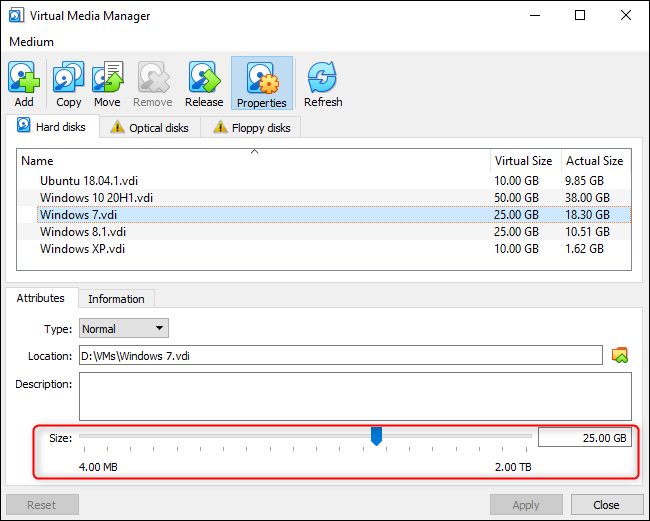 Cambiar el tamaño de un disco virtual gráficamente en VirtualBox