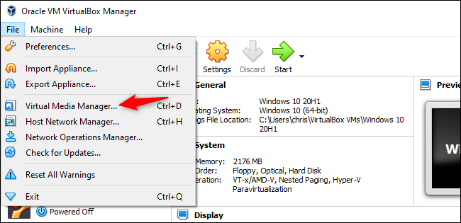 Lanzamiento de Virtual Media Manager en VirtualBox