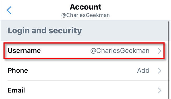En la configuración de Twitter, toque "Nombre del usuario."