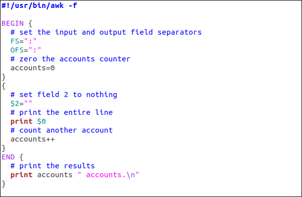 Ejemplo de script awk en un editor.