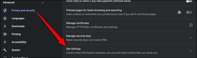 Configuración de la configuración del sitio de Chrome