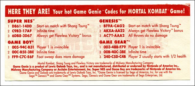 Códigos de actualización de Game Genie para Mortal Kombat.