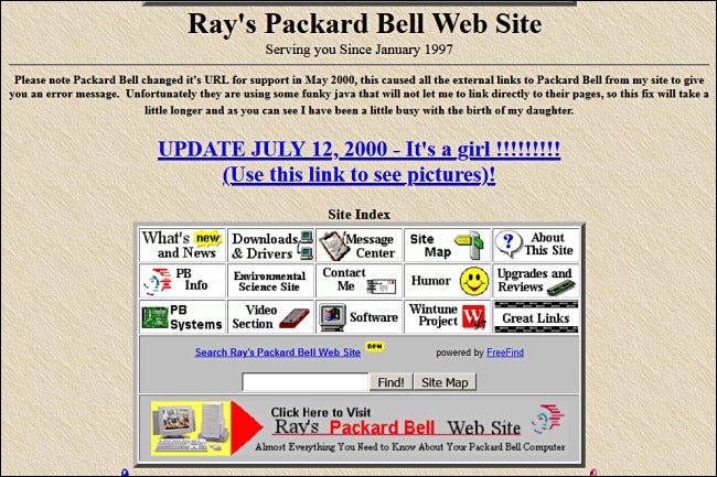 Sitio web de Ray's Packard Bell en GeoCities.