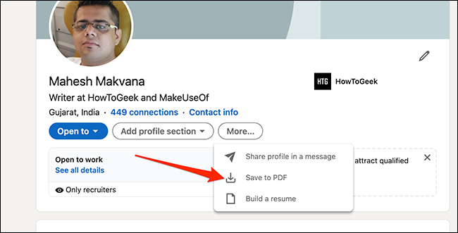 Para seleccionar "Guardar como pdf" en una página de perfil de LinkedIn.