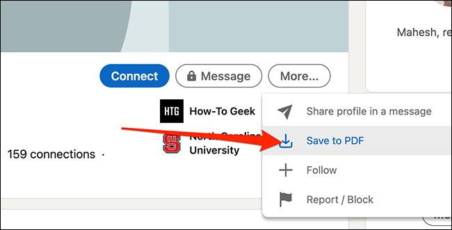 Haga clic en "Guardar como pdf" en la página de perfil de un miembro de LinkedIn para descargar su perfil.