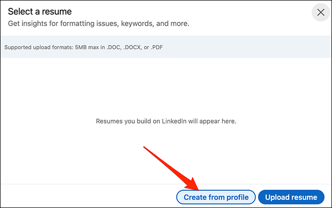 Haga clic en "Crear desde perfil" en LinkedIn "Seleccione un CV" caja.