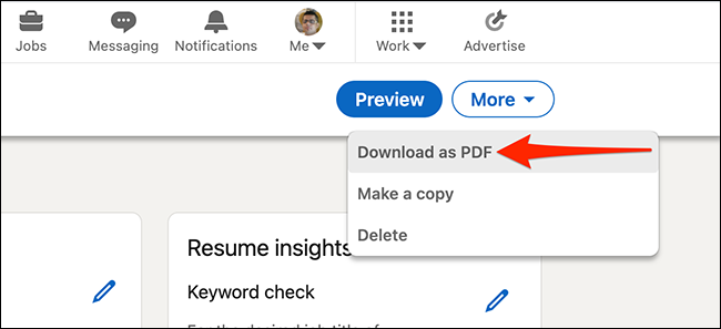 Para seleccionar "Descargar como PDF" para descargar el CV realizado con la herramienta de creación de CV de LinkedIn.