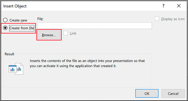 En el menú de inserción de objetos de PowerPoint, haga clic en Crear desde archivo y luego en Examinar.