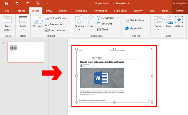 Un documento PDF insertado como un objeto en una presentación de Microsoft PowerPoint