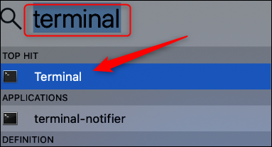 aplicación de terminal en la búsqueda de Spotlight