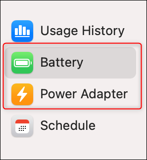 El macOS Big Sur "Tambores" y "adaptador de CA" pestañas.