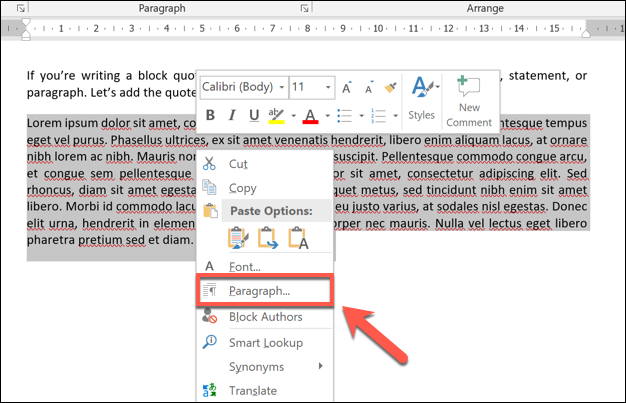 Haga clic con el botón derecho en la cita del bloque seleccionado y presione el botón "Párrafo" opción de configuración