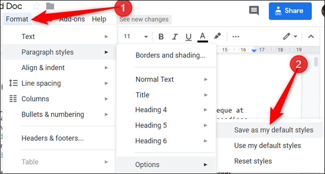Haga clic en "Formato," Haga clic en "Estilos de párrafo," para seleccionar "Opciones," luego haga clic en "Guardar como mis estilos predeterminados."