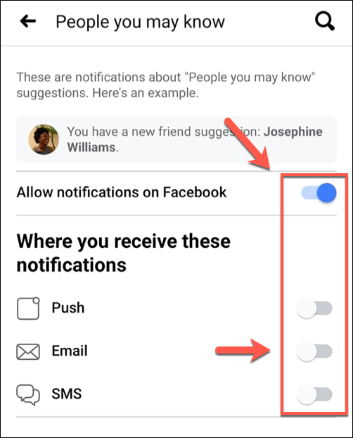 En el "Gente que pueda conocer" menú, toque los diferentes controles deslizantes para desactivar las notificaciones individuales, o toque "Permitir notificaciones en Facebook" para desactivar todas las sugerencias de amigos.
