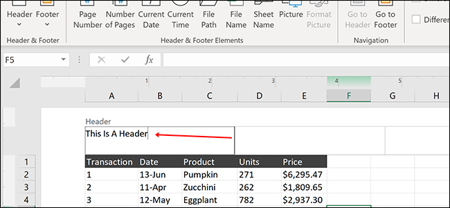 Ingresando un encabezado de hoja de trabajo en Excel