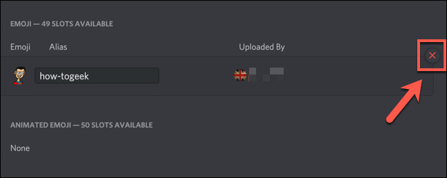 Haga clic en rojo "X" para eliminar un emoji en la configuración del servidor de Discord.