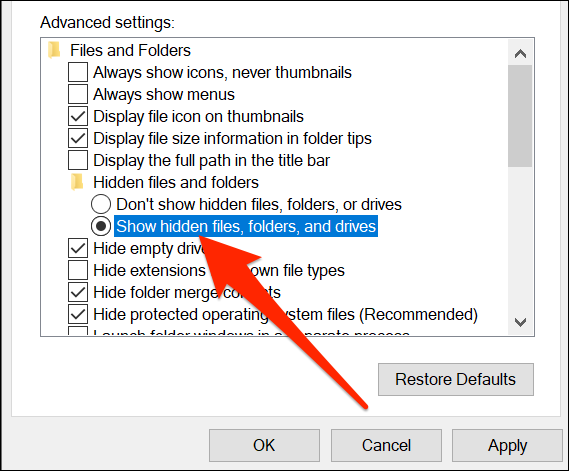 Para seleccionar "Mostrar archivos, carpetas y unidades ocultos" en la ventana Opciones de carpeta.