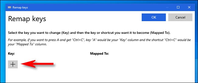 En PowerToys "Reasignar claves" ventana, haga clic en el botón más.