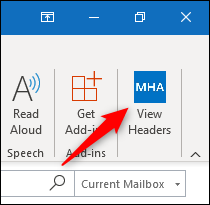los "Mostrar encabezados" en la cinta de Outlook.