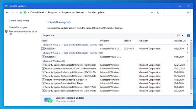 Ver las actualizaciones instaladas en el Panel de control de Windows 10.