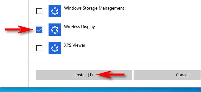 Coloque una marca de verificación junto a él. "Pantalla inalámbrica," luego haga clic en "Instalar."