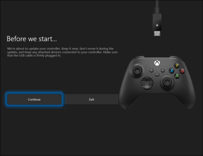Haga clic en Continuar para comenzar a actualizar su controlador inalámbrico Xbox