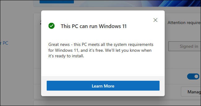 A "Esta PC puede ejecutar Windows 11" Mensaje en la aplicación PC Health Check