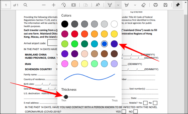 Elija el color y ajuste el grosor de la herramienta de lápiz en la barra de herramientas PDF en Edge