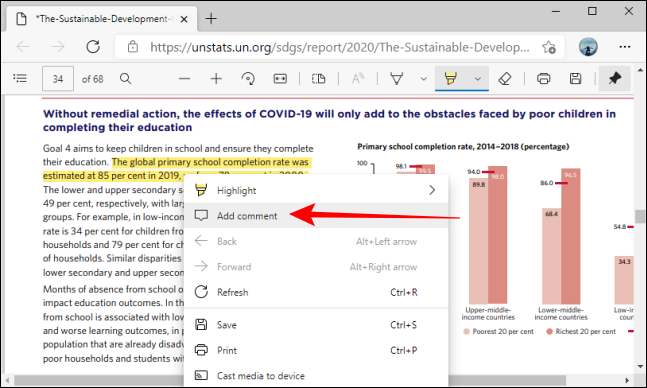 Seleccione la opción Agregar comentario para resaltar en Microsoft Edge