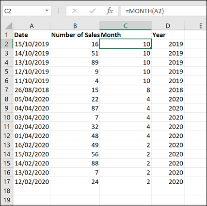 Un ejemplo de conjunto de datos de Excel, ordenado por mes usando una fórmula MES y la función de ordenación