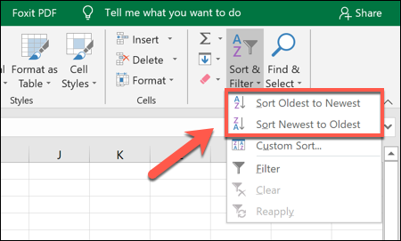 Para ordenar los datos de Excel en orden ascendente o descendente, haga clic en Ordenar y filtrar> Ordenar del más antiguo al más nuevo u Ordenar del más nuevo al más antiguo» ancho =»450″ altura =»271″ onload =»pagespeed.lazyLoadImages.loadIfVisibleAndMaybeBeacon (esto);» onerror =»this.onerror = null; pagespeed.lazyLoadImages.loadIfVisibleAndMaybeBeacon (esto);»/></p>
<p>Después de seleccionar su opción preferida, Excel ordena automáticamente los datos en ese orden, utilizando la columna de la fecha como punto de referencia.</p><center><script async src=