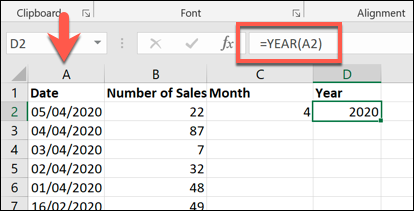 Las funciones MES y AÑO, que se muestran en una hoja de cálculo de Microsoft Excel