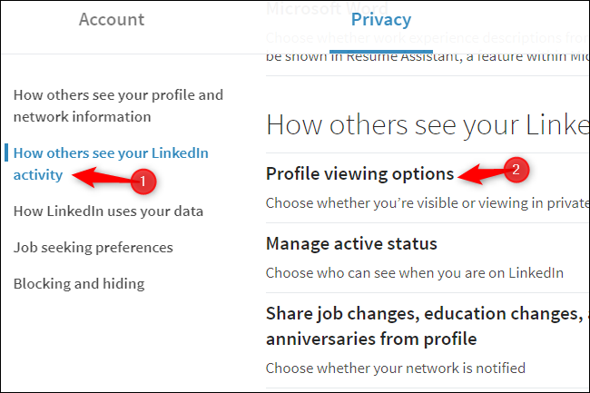 Perfil de LinkedIn que muestra opciones de privacidad