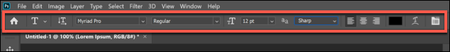 La barra de opciones de texto en Photoshop.