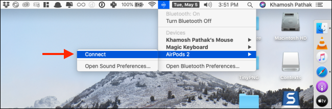 Haga clic en Conectar en el menú de AirPods en Bluetooth