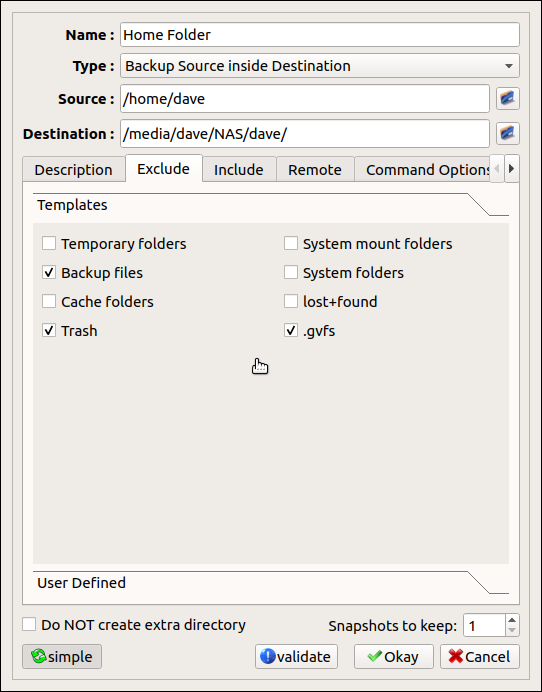 Uno de los cuadros de diálogo de configuración de LuckyBackup