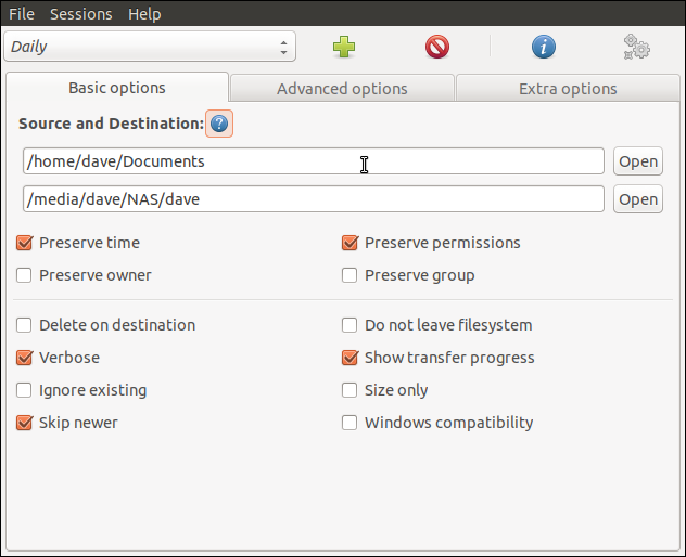 Uno de los cuadros de diálogo de configuración de Grsync,