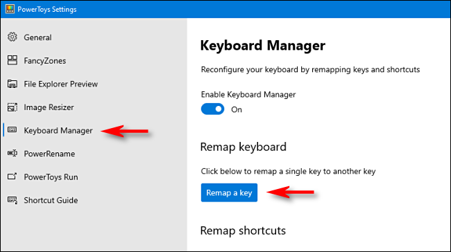 Haga clic en "Administrador de teclado" en la barra lateral, luego haga clic en "Reasignar una clave."