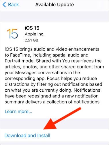 Actualización de iOS 15 disponible en iPhone