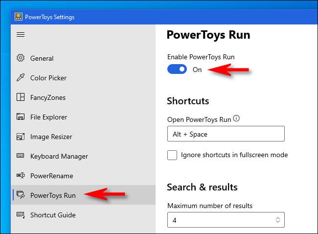 Asegurarse "Activar PowerToys Run" Está encendido.