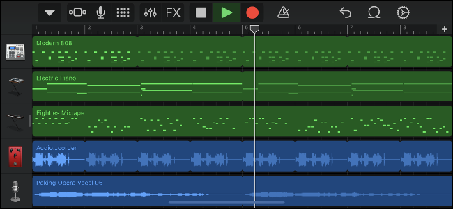 Vista de la línea de tiempo de GarageBand