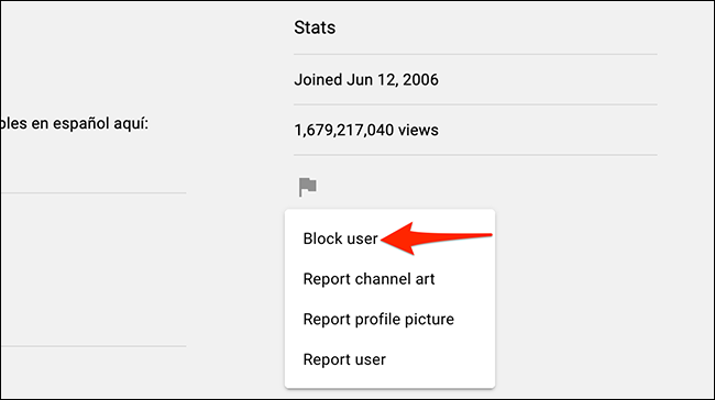 Elegir "Bloquear a un usuario" en el menú de banderas de YouTube.