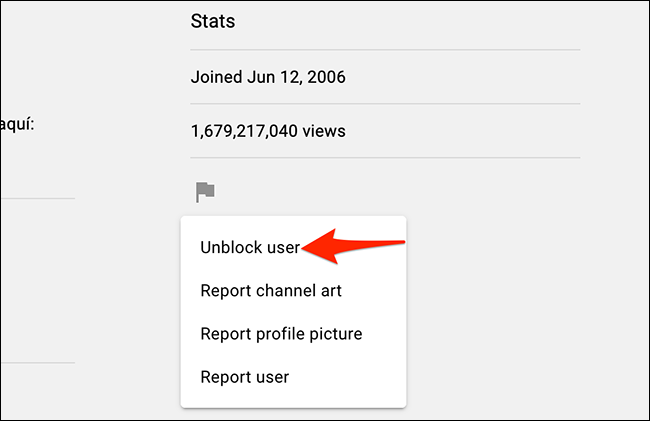 Para seleccionar "Desbloquear usuario" en el menú de banderas de YouTube.