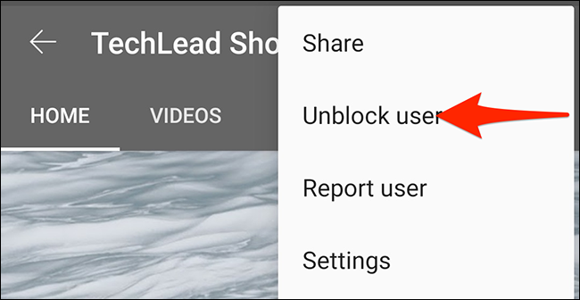 Grifo "Desbloquear usuario" en el menú de tres puntos de un canal en la aplicación de YouTube.
