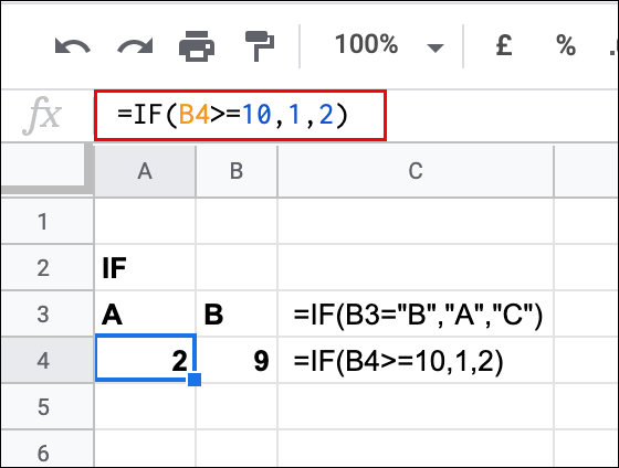 Una declaración IF utilizada en Google Sheets, que devuelve un resultado FALSO