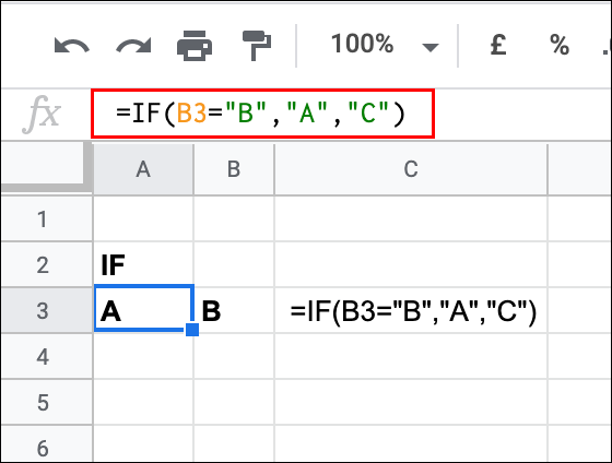 Una declaración IF simple utilizada en Hojas de cálculo de Google para probar el valor de una celda y arrojar un resultado VERDADERO